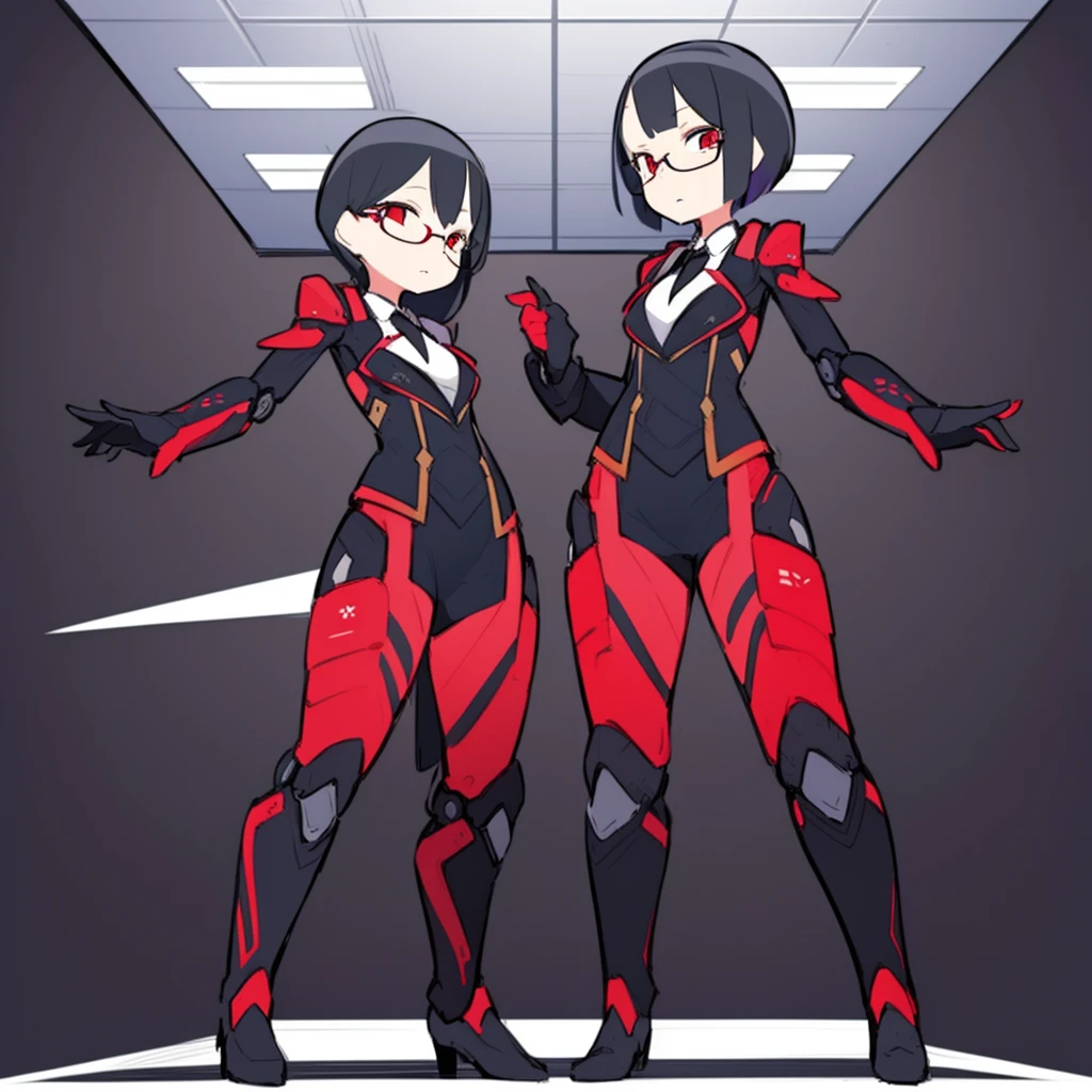 office lady,glasses,red eyes,black hair, very short hair, <lora:Eiken3kyuboyArtist-20:0.8>, mechanical suit , full body,