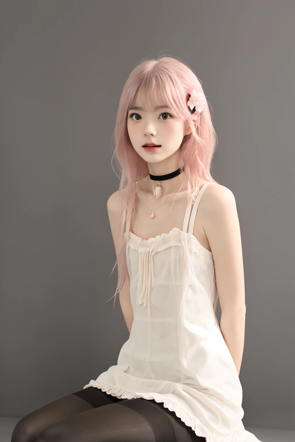 masterpiece, best quality, 1girl, sitting, cowboy shot, choker, blush, parted lips, pantyhose, grey background, pink hair, hair flower, arms behind back,
<lora:ppsn_v3-000007:0.748>