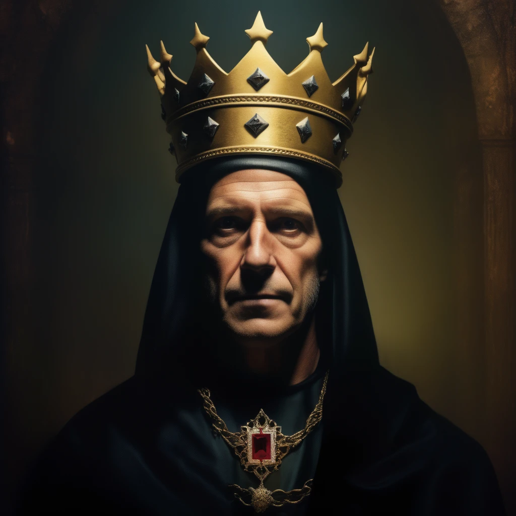 a creepy looking man with a crown on his head and a crown on his head, wearing a crown, Dirk Crabeth, sinister, a character portrait, sots art