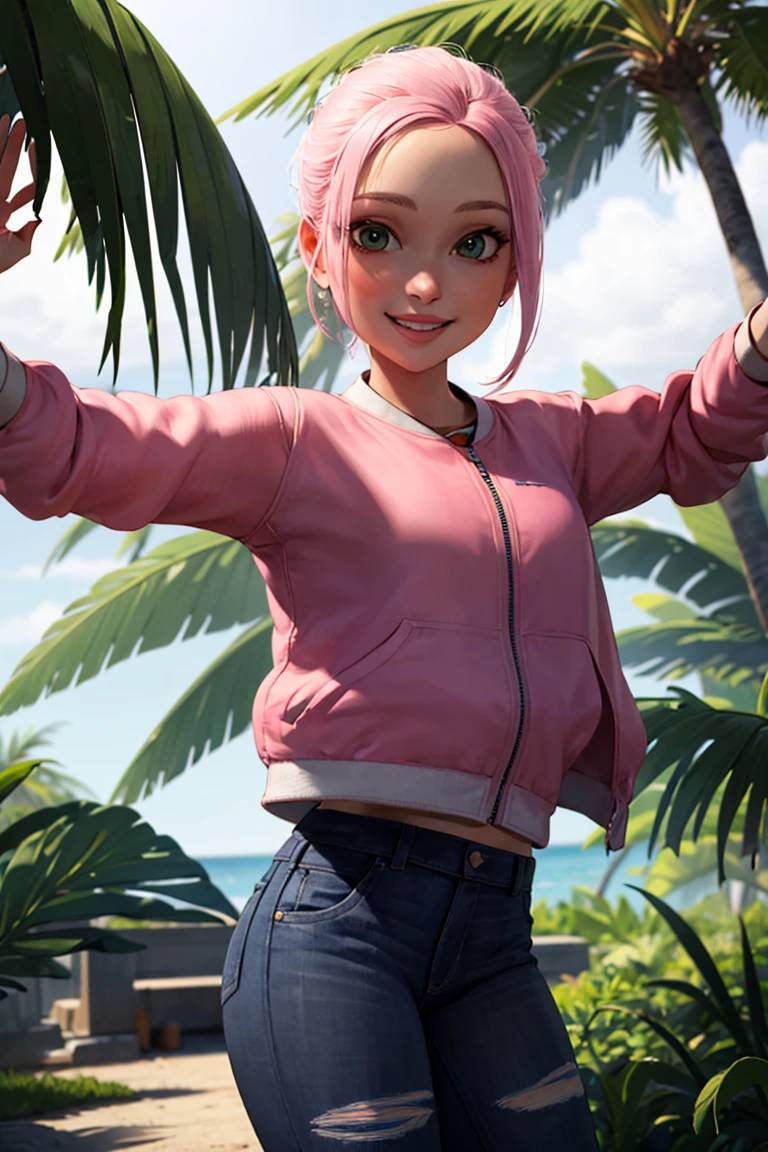 ((masterpiece,best quality)), absurdres,
<lora:Brooklynn_Jurassic_Park:0.5>, Brooklynn_Jurassic_Park, pink jacket, torn jeans,
solo, smiling, looking at viewer, cowboy shot,
tropical background, cinematic composition, dynamic pose,