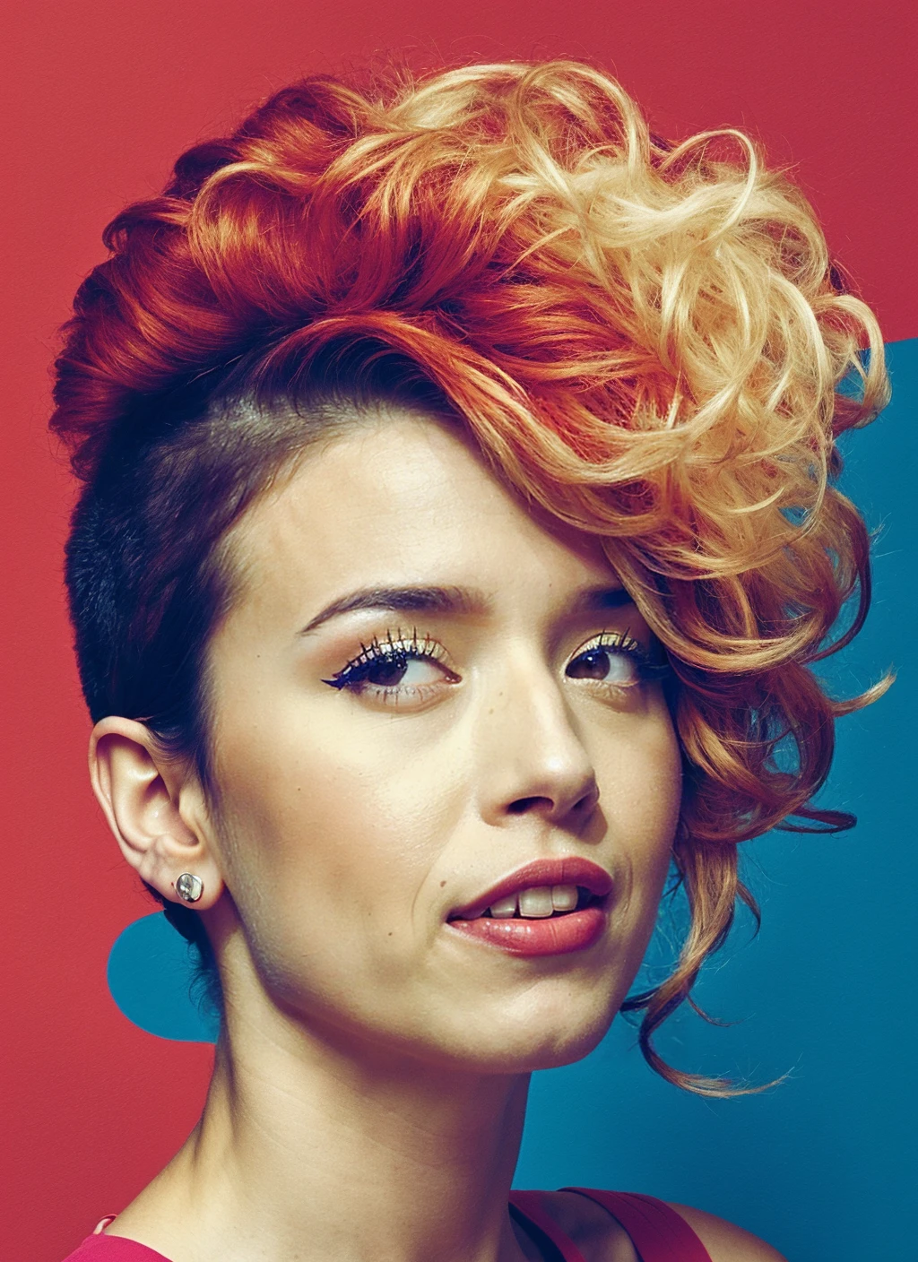 portrait of ((sks woman)) by Flora Borsi, style by Flora Borsi, bold, bright colours, Mohawk haircut, ((Flora Borsi)), by Dominique Issermann