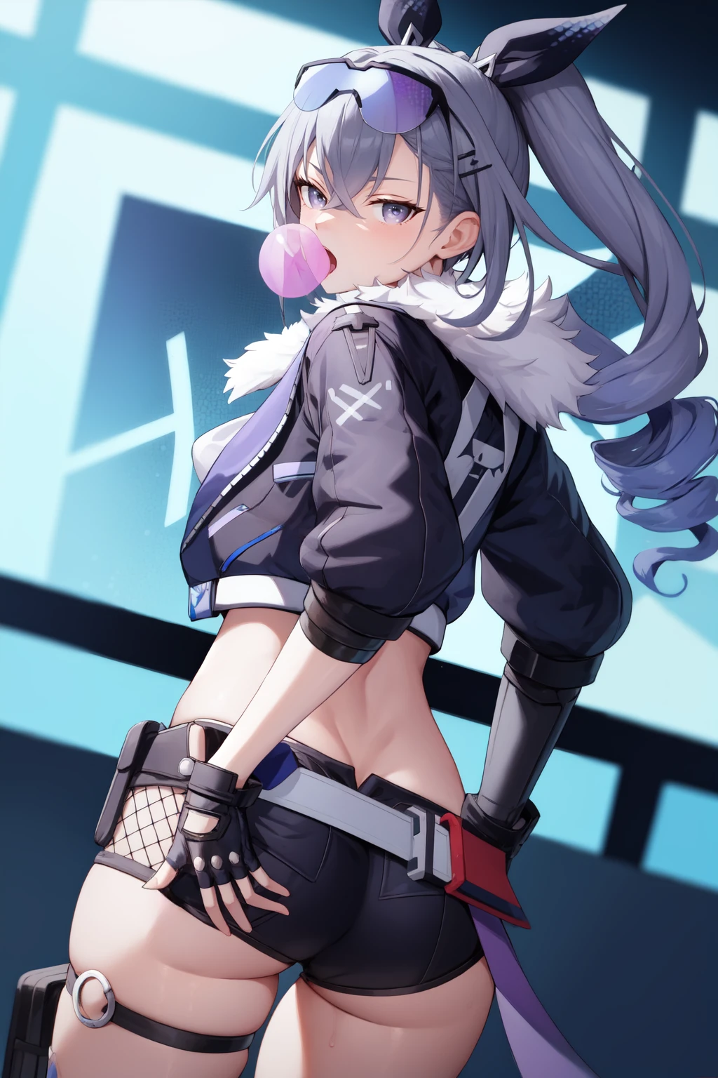 masterpiece, best quality, SilverwolfV5, 1girl, solo, looking at viewer, open mouth, gloves, jacket, ass, shorts, black gloves, looking back, fingerless gloves, from behind, black jacket, fur trim, twin drills, chewing gum, <lora:Sv5-10:0.8>