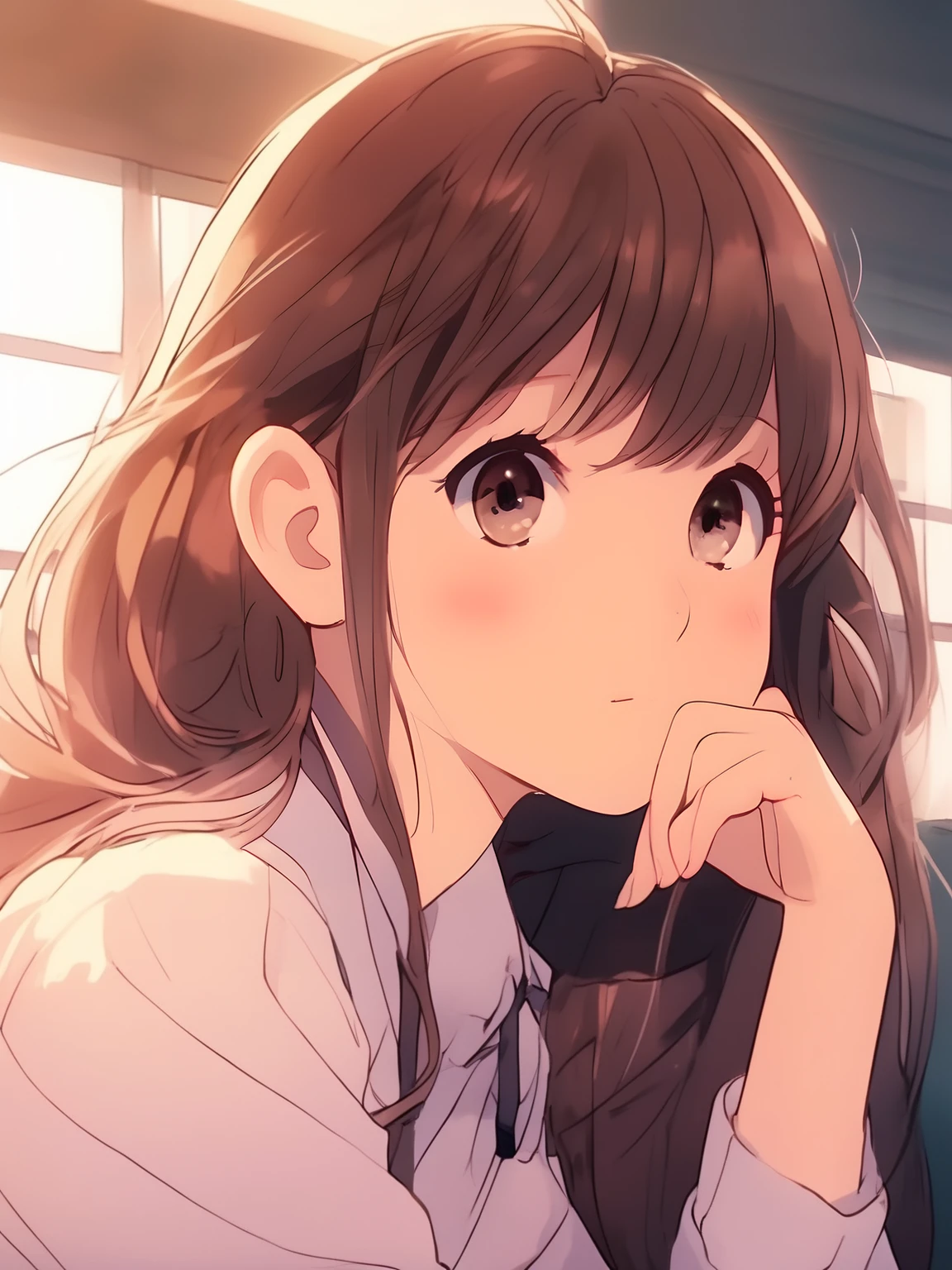 cute anime girl, 2d, high school student girl sitting in class with her hands on her chin boring looking out the window, romantic scene, dim light, half-lidded eyes with beautiful long eyelashes, close-up