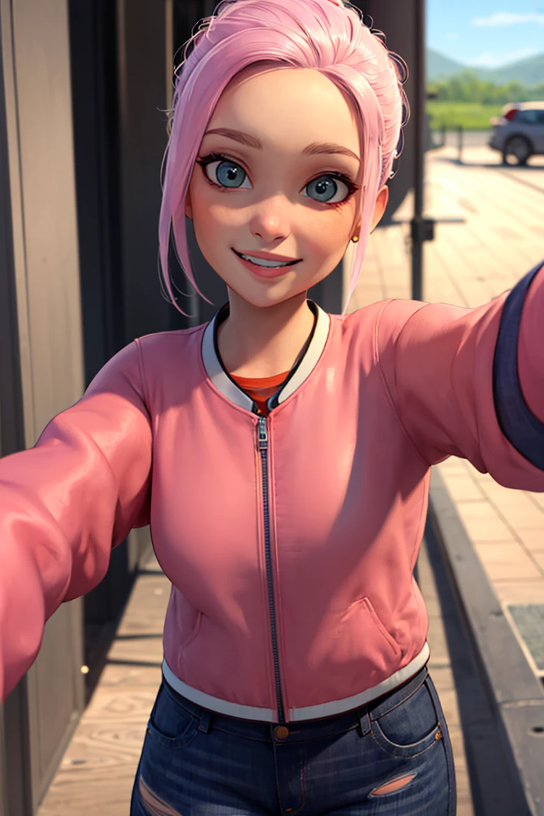 ((masterpiece,best quality)), absurdres,
<lora:Brooklynn_Jurassic_Park:0.6>, Brooklynn_Jurassic_Park, pink jacket, torn jeans,
solo, smiling, looking at viewer, upper body, selfie,