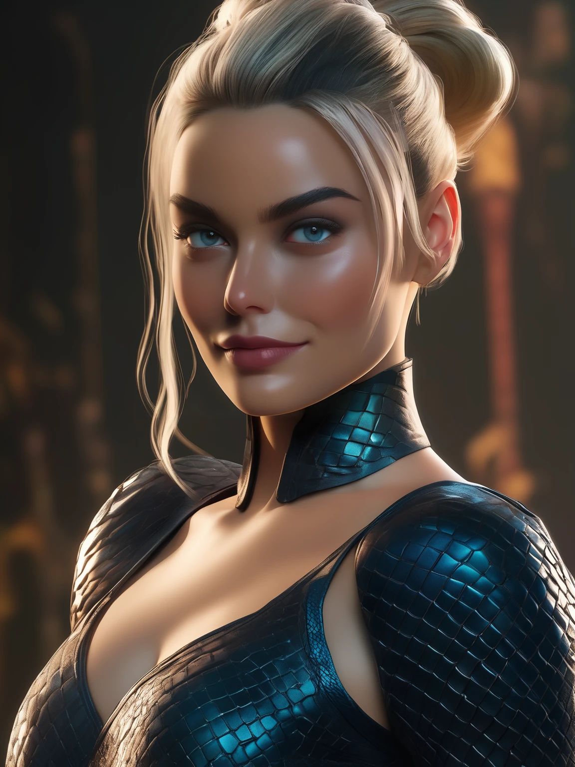 A full body shot of actress Margot Robbie as Khameleon from Mortal Kombat, black leather high heels, female ninja, dark tight - fitting bodysuit, dark stockings, short hair bun, outfit features reptilian aesthetic, with scales and patterns, full body render, fine detail, hyper realistic, DSLR photo, HD, 4K, definition, texture, perfect detail, perfect face, beautiful, hyperrealism, trending on artstation
