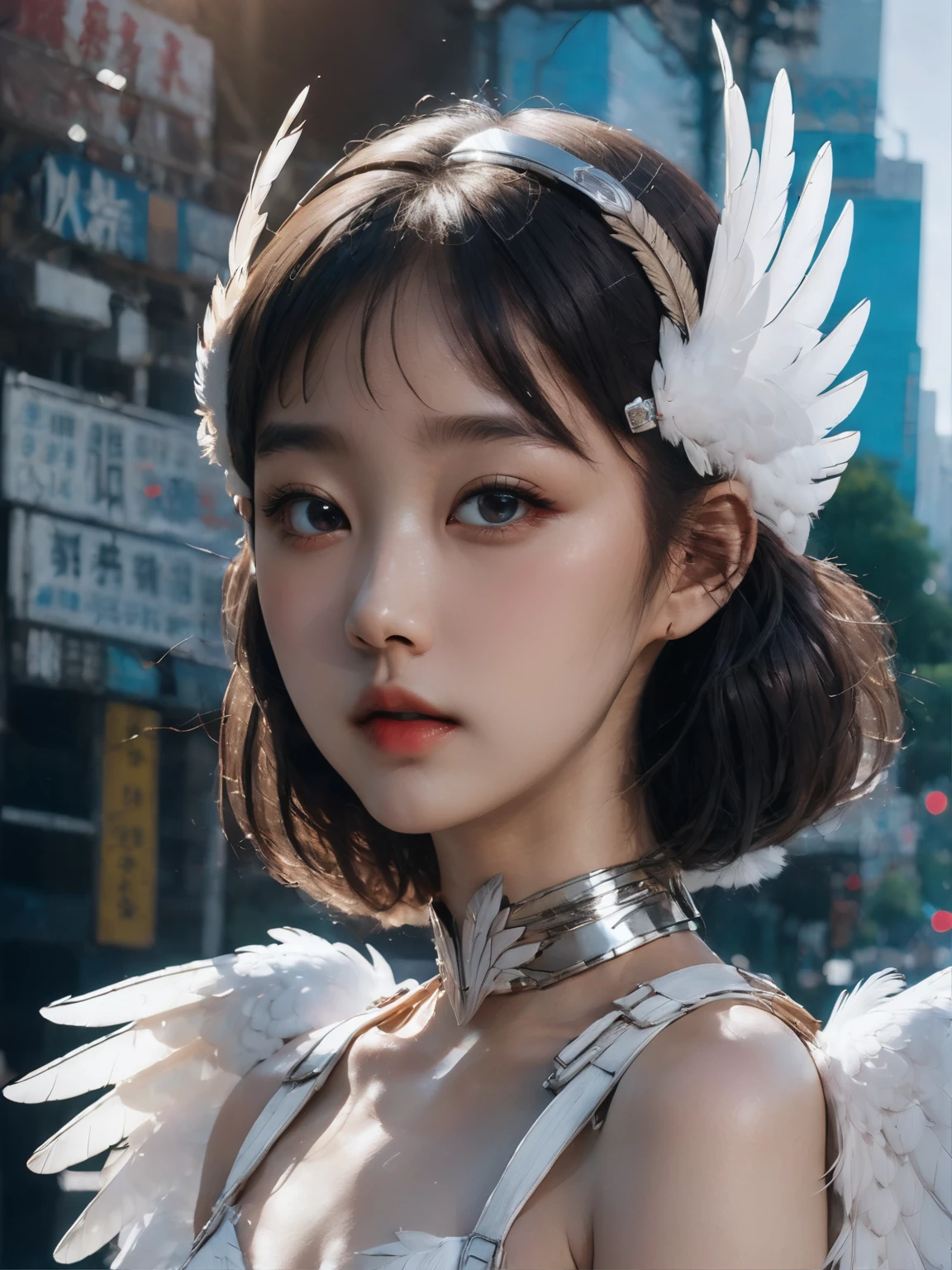 there is a woman with a white feathered dress and a white feathered headband, inspired by Wang Yuanqi, beautiful cyborg angel girl, hollywood promotional image, center parted bangs, polaroid color photo, winged eyelashes, ayami, front page, angels, 16mm film live soft color