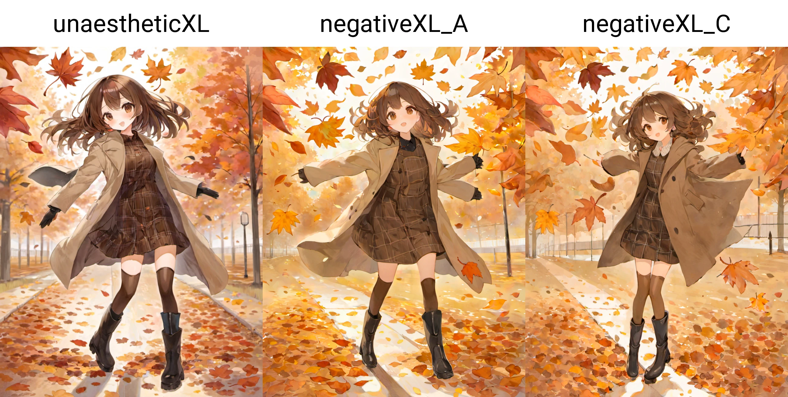 ( SimplePositiveXLv1:0.7),1girl,brown hair, outdoors, brown eyes, falling autumn leaves, plaid brown dress, medium hair, black boots, white coat