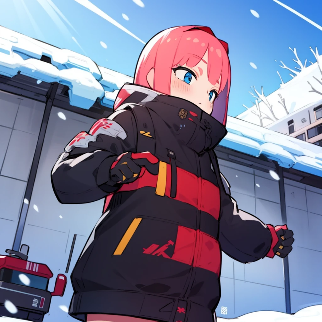 , 1girl,snow,city,playing, <lora:Eiken3kyuboyArtist-20:1>, mech parts