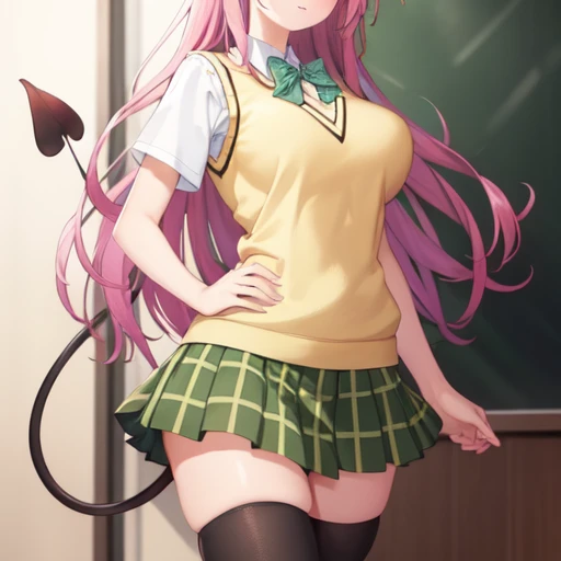 (masterpiece, best quality:1.2),illustration,8k,hd,1girl,portrait,long_hair,breasts,looking_at_viewer,blush,skirt,large_breasts,hair_ornament,thighhighs,school_uniform,green_eyes,tail,pink_hair,ahoge,plaid,plaid_skirt,demon_tail,sweater_vest,<lora:Lala Satalin Deviluke V1:0.6>,