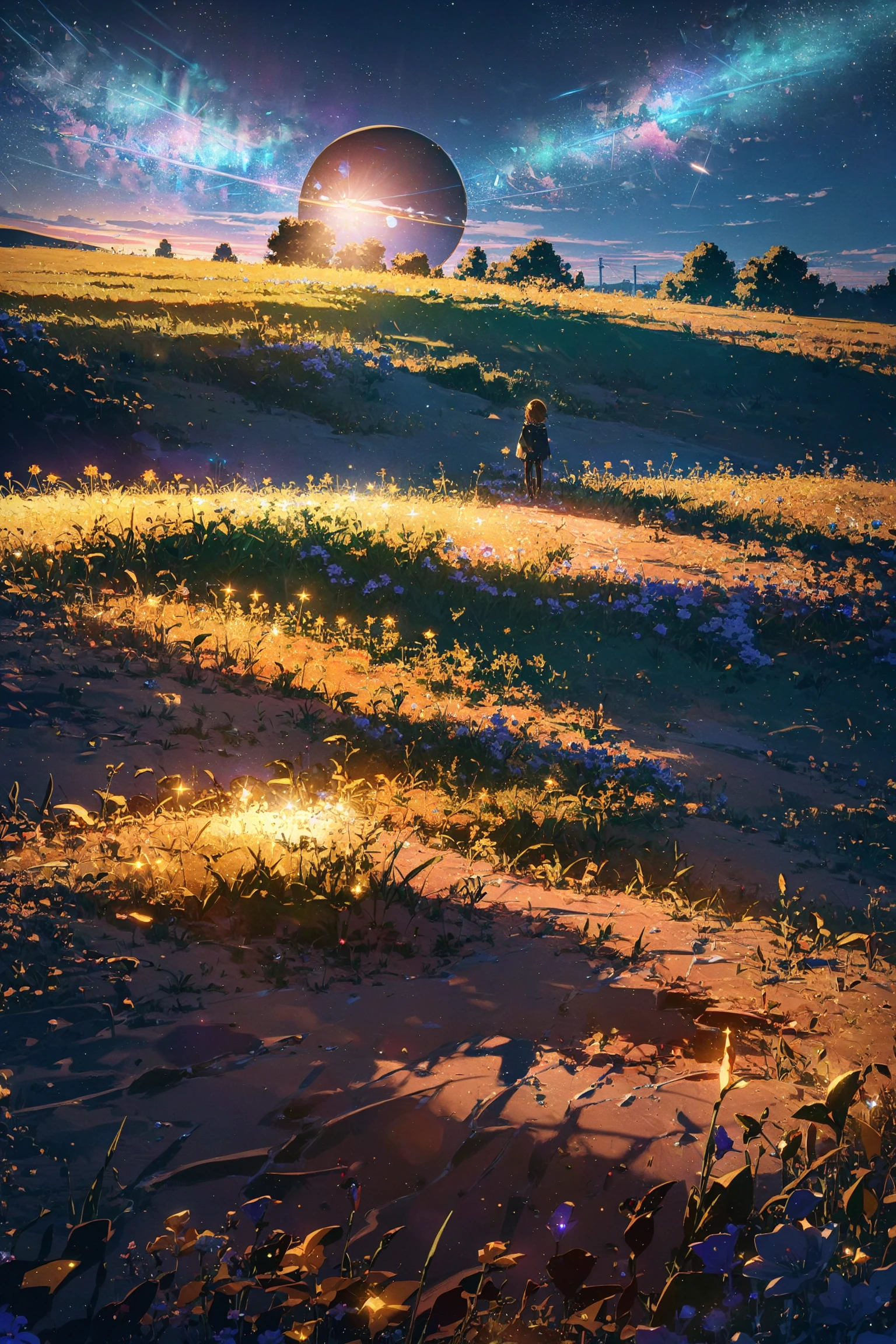 (1girl:1.4),looking at viewer,serperior,8K render,best quality,, (masterpiece, best quality, ultra-detailed, best shadow),, In the style of Your Name, you find yourself standing on a hilltop, surrounded by fields of vibrant flowers as far as the eye can see. In the distance, you see a shimmering comet streak across the sky, leaving a trail of glittering stardust in its wake