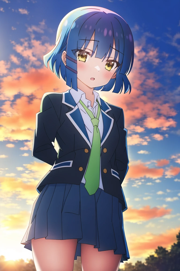 highres, 1girl, yamada ryou, small breasts, kouetsu uniform, green tie, outdoors, sky, evening, sunset,