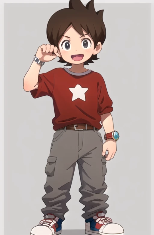 <lora:amanokeita:0.7> amanokeita, solo, looking at viewer, smile, open mouth, simple background, shirt, 1boy, white background, standing, full body, male focus, shoes, belt, pants, star (symbol), black eyes, t-shirt, red shirt, watch, wristwatch, grey pants