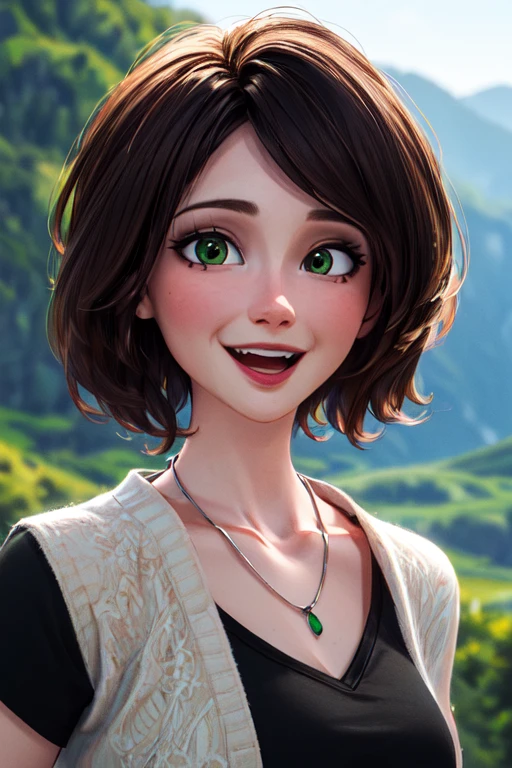 (masterpiece:1.2), (best quality), (ultra detailed), (8k, 4k, intricate),(full-body-shot:1), (highly detailed:1.2),(detailed face:1.2), (detailed background),detailed landscape, ((portrait)), (dynamic pose:1.2)  <lora:more_details:0.5> <lora:cass:0.7>auntcass, 1girl, solo, smile, short hair, open mouth, brown hair, shirt, jewelry, green eyes, upper body, necklace, blurry, black shirt
