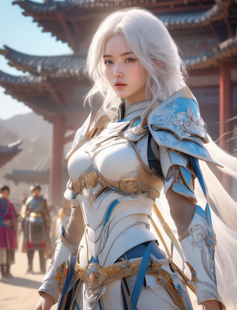 ((Best quality)), ((masterpiece)), (highly detailed:1.3), white hair, intricate azure armor, detailed gorgeous face, beautiful young South Korean girl, medium length white hair, toned stomach, showing midriff, (photorealistic, photorealism), (8k, RAW photo, highest quality, masterpiece, ultra-high resolution, physics-based rendering),