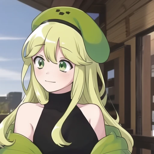 (masterpiece, best quality:1.2),illustration,1girl,upper body,long_hair,breasts,blush,smile,bangs,green hair,shirt,hat,hair_between_eyes,bare_shoulders,closed_mouth,green_eyes,collarbone,jacket,skirt,thighhighs,pleated_skirt,black_thighhighs,shoes,green_hair,sleeveless,off_shoulder,black_shirt,sleeveless_shirt,beret,green_jacket,green_headwear, <lora:Creeper-V1:0.8>