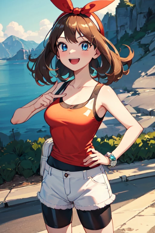 (masterpiece:1.2), (best quality), (ultra detailed), (8k, 4k, intricate),(full-body-shot:1), (highly detailed:1.2),(detailed face:1.2), (detailed background),detailed landscape, ((portrait)), (dynamic pose:1.2) <lora:may:0.7>may, 1girl, ((solo)), breasts, looking at viewer, smile, open mouth, blue eyes, brown hair, shirt, ribbon, jewelry, medium breasts, collarbone, hair ribbon, cowboy shot, hairband, shorts, sleeveless, bracelet, red ribbon, hand on hip, short shorts, sleeveless shirt, bike shorts, index finger raised, poke ball, white shorts, red hairband, poke ball (basic), bow hairband, fanny pack, bike shorts under shorts