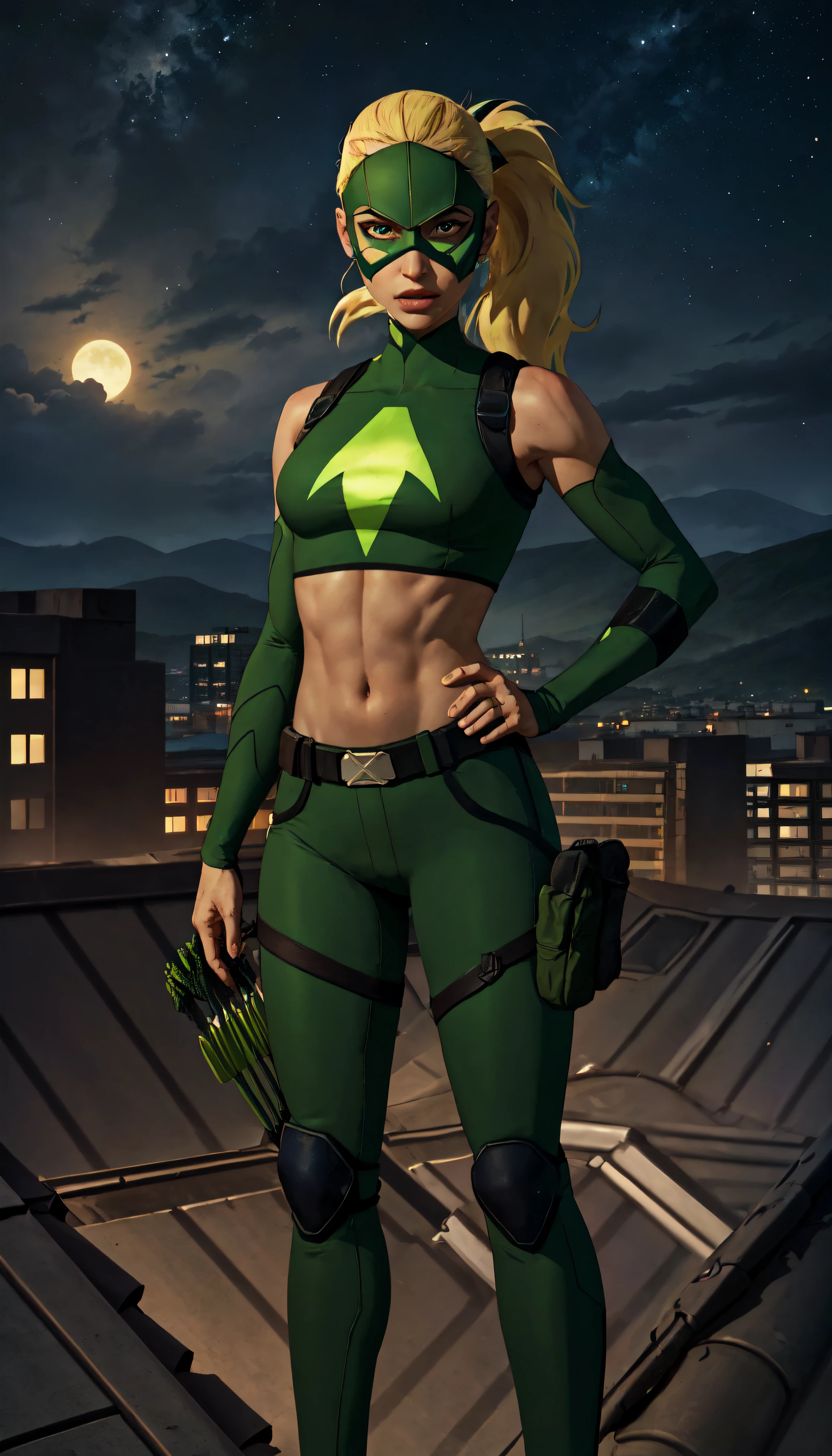 (cowboy shot), (masterpiece, best_quality, ultra-detailed, immaculate:1.3), epic, illustration,
BREAK
<lora:ArtemisYJ_CosineAlt-000023:0.8> ArtemisYJ, ponytail, quiver
green mask, green hero costume, sleeveless, midriff, arrow logo, green pants, knee pads
BREAK
(rooftop, city, nighttime, gorgeous view)