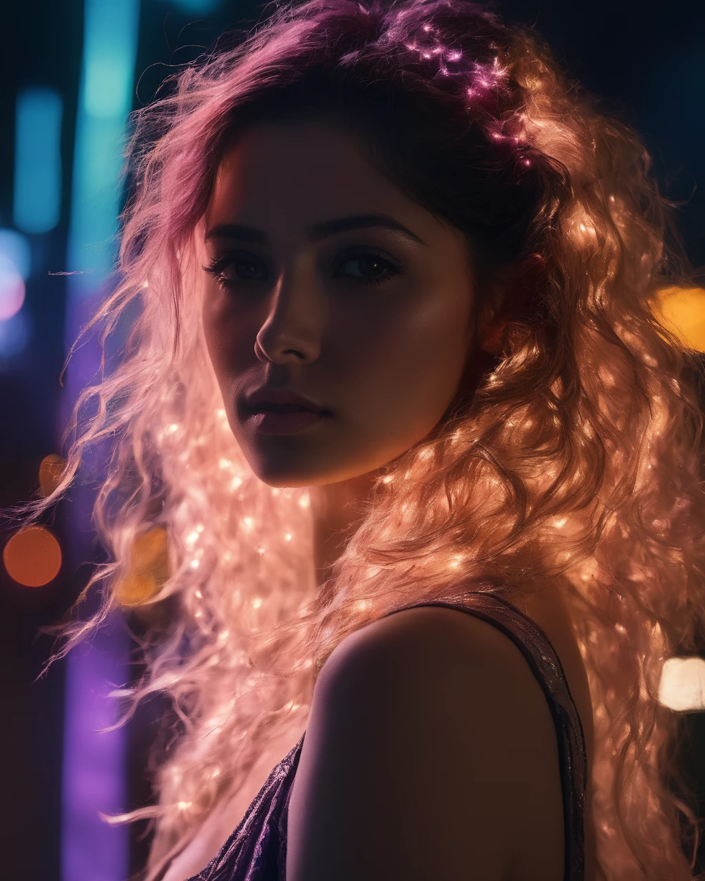 1 girl, multicoloured hair, night, neon sign backlight, looking at the viewer, side lighting, complex hairstyle, midnight ,((explosion,mushroom cloud in background)), sarahshahi, <lora:SarahShahiXL:1.0>, (masterpiece, best quality, ultra-detailed, best shadow), high contrast, (best illumination), ((cinematic light)), colorful, hyper detail, dramatic light, intricate details, (1 girl, solo) , ultra detailed artistic photography, dreamy, backlit, shadows, ultra high definition, 8k, ultra sharp focus, ultra high quality model, soft lighting, film photography, analogue photography, hyperrealism,, ((sharp face, detailed face, realistic face, naturtal skin, realistic skin, detailed skin, pores, sharp eyes, detailed eyes,realistic eyes)),