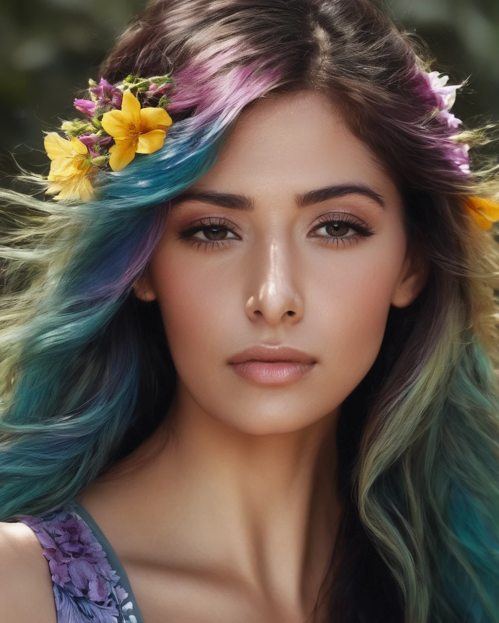tide play, split color hair, wind, flying petals, ornamental, multi color hair, super long hair, wavy, alraune,flower, space, sarahshahi, <lora:SarahShahiXL:1.0>, ((sharp face, detailed face, realistic face, naturtal skin, realistic skin, detailed skin, pores, sharp eyes, detailed eyes,realistic eyes)),