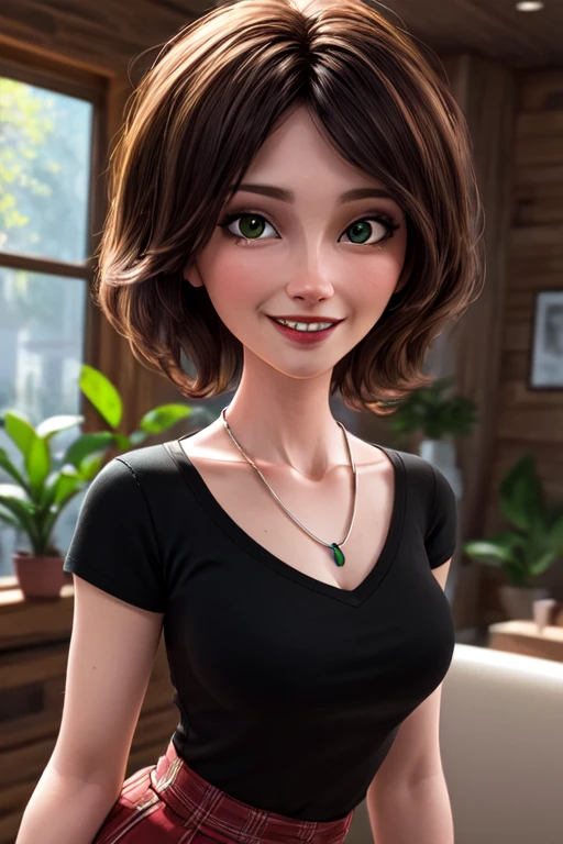 (masterpiece:1.2), (best quality), (ultra detailed), (8k, 4k, intricate),(full-body-shot:1), (highly detailed:1.2),(detailed face:1.2), (detailed background),detailed landscape, ((portrait)), (dynamic pose:1.2) <lora:more_details:0.5> <lora:cass:0.7>auntcass, 1girl, solo, looking at viewer, smile, short hair, brown hair, shirt, jewelry, green eyes, upper body, short sleeves, teeth, indoors, necklace, blurry, black shirt, plant