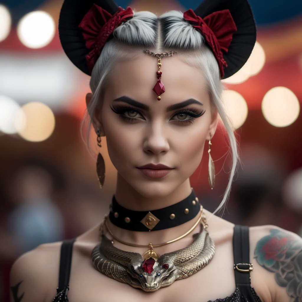 (Highest Quality, 4k, masterpiece, Amazing Details:1.1), wearing wear out circus_clothes, Shallow Depth of Field, E671, lens 50mm f/2.0, ((dragon_female_anthro)), (detailed scales), slicked back hair, pircings, tattoos, snake eyes, studded bracelet, (photorealistic) (RAW Photo), angry, evil smile, ((gothic circus)), skimpy