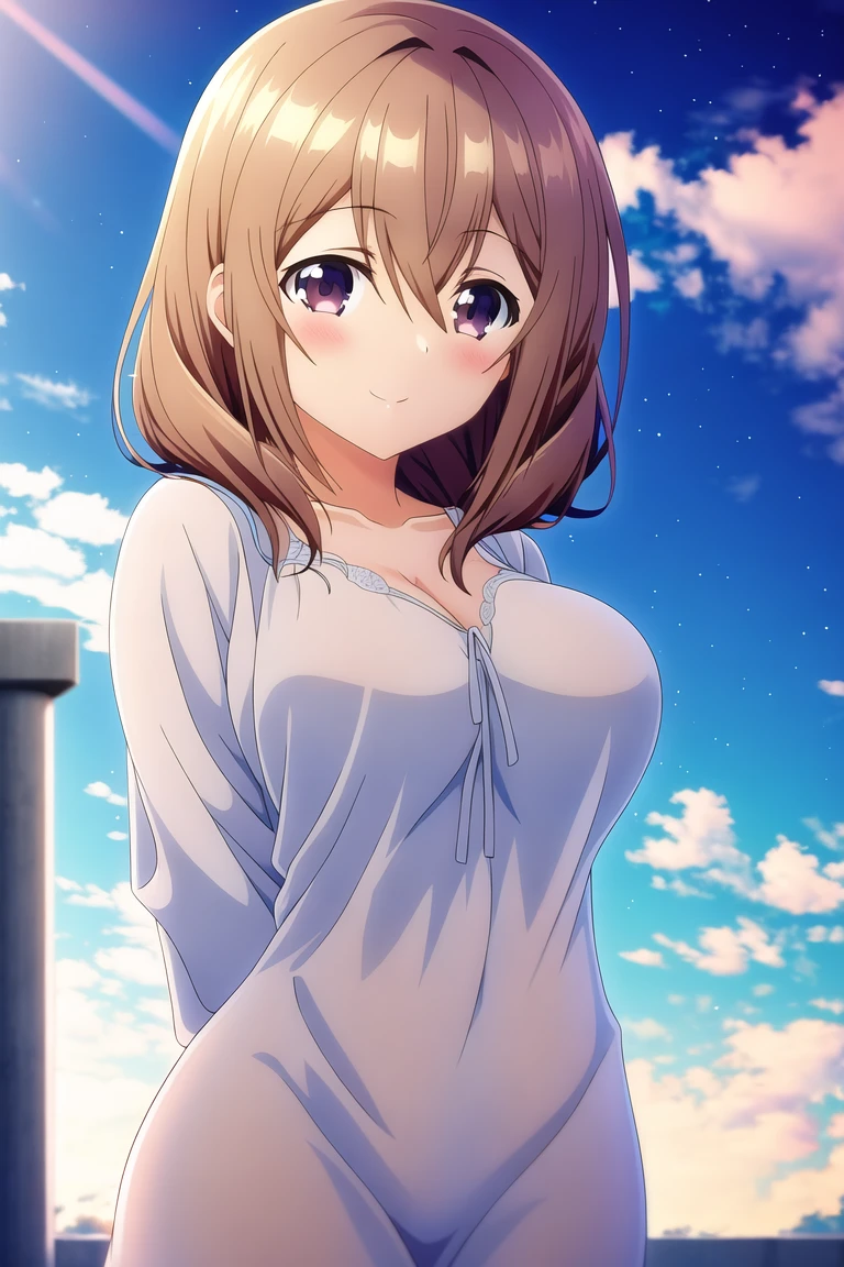 highres, 1girl, katase shiori, large breasts, nightgown, outdoors, sky, night, facing viewer, arms behind back,