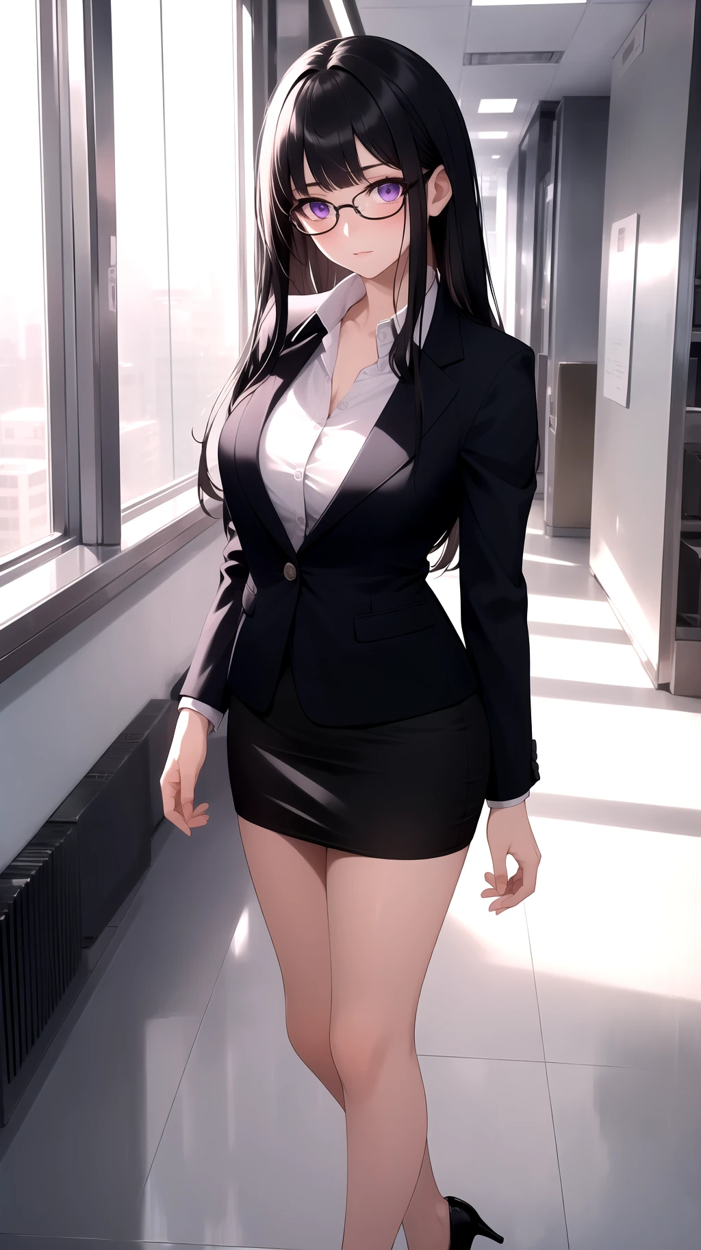 (best quality:1.1), (masterpiece:1.2), high quality shadow, beautiful detailed, beautiful face, detailed eyes, depth of field, highres, best shadow, best illumination, 1girl, looking at viewer, black hair, blunt bangs, long hair, purple eyes, shy, large breasts, miniskirt, blouse, blazer, pumps, office lady, glasses,