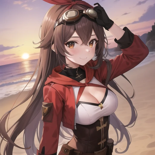 (masterpiece, best quality:1.2),1girl,beautiful purple sunset at beach,upper body,long_hair,breasts,smile,bangs,brown_hair,thighhighs,gloves,long_sleeves,ribbon,cleavage,hair_between_eyes,medium_breasts,jacket,hair_ribbon,thighs,shorts,belt,red_ribbon,orange_eyes,short_shorts,goggles,red_jacket,red_gloves,goggles_on_head,pouch,crossed_bangs,shrug_(clothing),red_thighhighs,brown_shorts,<lora:amber:0.6>,