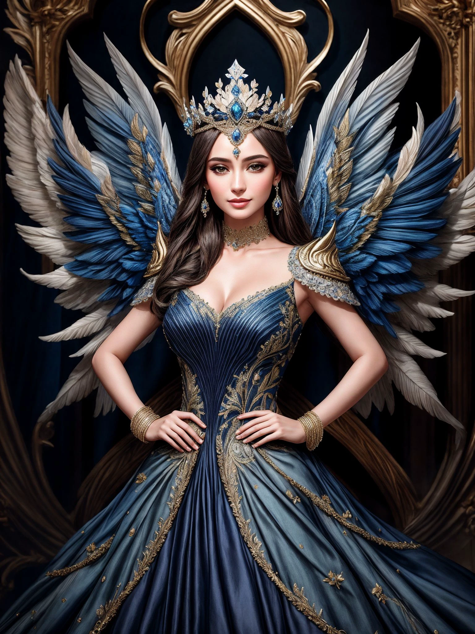 ((Masterpiece, best quality,photography, detailed skin, realistic, photo-realistic, 8k, highly detailed, full length frame, High detail RAW color art, diffused soft lighting, shallow depth of field, sharp focus, hyperrealism, cinematic lighting,close up)),smiling
(edgGaruda_dress:1.2),Haute_Couture, a  bird_woman wearing [Haute_Couture|edgGaruda_dress]  designer dress ,sapphire crown, floral embroidery,hand on hip,
 <lora:edgLycorisGaruda:0.8>