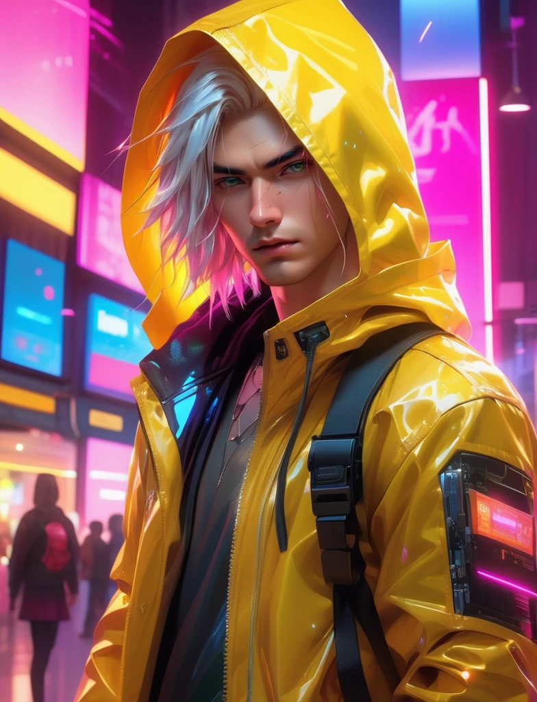 ((Best quality)), ((masterpiece)), (highly detailed:1.3), ((anime style)) ,HDR (High Dynamic Range),Ray Tracing,NVIDIA RTX,Super-Resolution,Subsurface scattering,Post-processing,Anisotropic Filtering,,Two-tone lighting,White balance,Rule of thirds,8K RAW, (long hair, pink headphone) solo, manly cyberpunk man with thick voluminous hair wearing a leather hooded jacket, lucy \(cyberpunk\),((Yellow jacket)), ((open jacket)), hip-hop pant, (detached sleeves), pouch, (white hair), (multicolor hair), (beautiful detailed hair) ,(hair blowing), red eyeliners, stronger male, beautiful eyes, detailed beautiful shiny skin, cute, perfect skin, shiny skin, 30 years old , (small breasts), sharp face, (midriff:1.2), (depressing), (angry), sweat, wet, neon, cyberpunk, science fiction,(fighting stance), (golden wires), (narrow waist:1.4), looking at viewer, cinemetic lights, (manga:1.1), (various clutter and mess in background:1.1), (light particles), (lush detailed),(stunning), (dynamic perspective shot, medium shot), portrait, (sharp focus) , colorful light, night, (cyberpunk shopping mall background), standing in the shopping mall, futuristic, ((cyberpunk background))