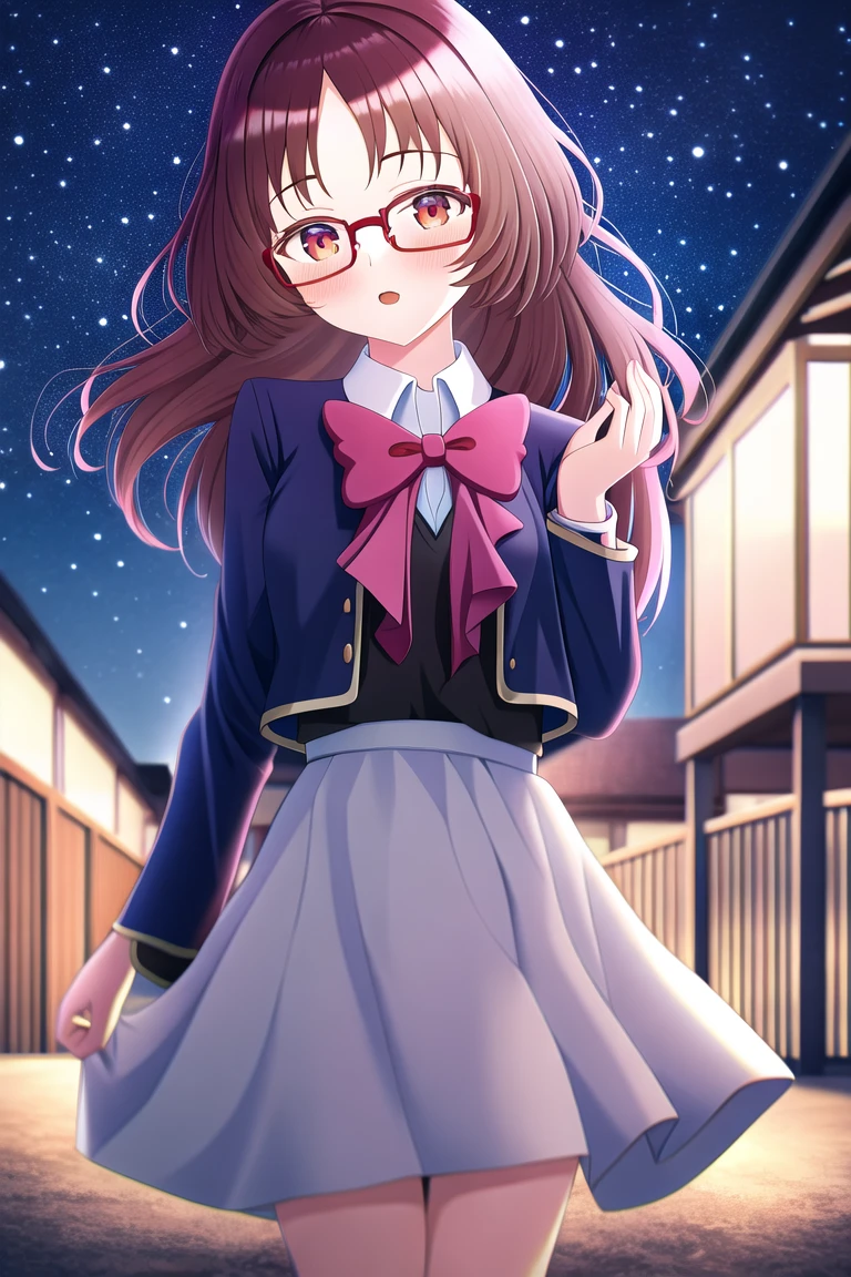 highres, 1girl, mie ai, glasses, small breasts, youtou uniform, outdoors, sky, night,