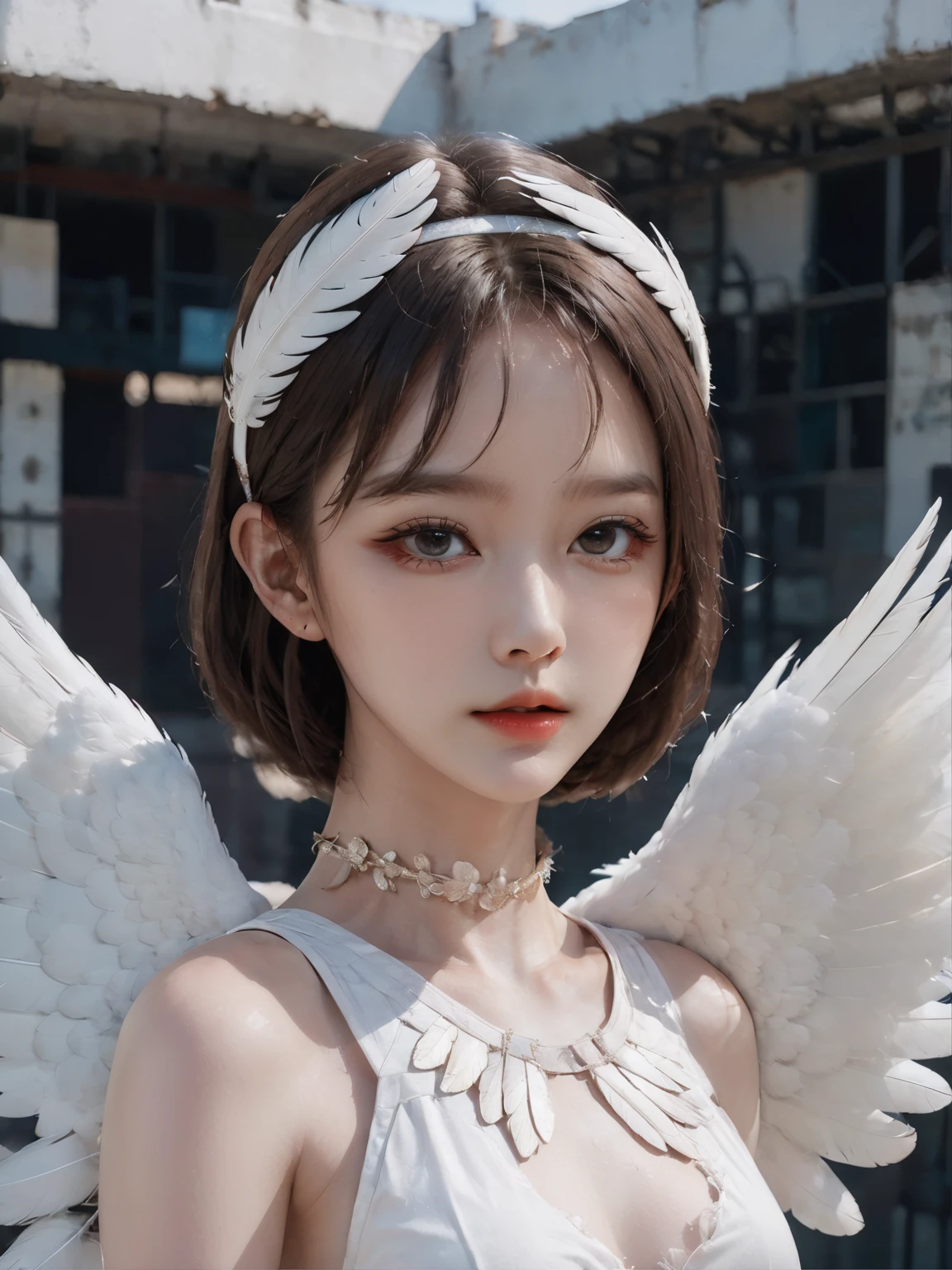 there is a woman with a white feathered dress and a white feathered headband, inspired by Wang Yuanqi, beautiful cyborg angel girl, hollywood promotional image, center parted bangs, polaroid color photo, winged eyelashes, ayami, front page, angels, 16mm film live soft color