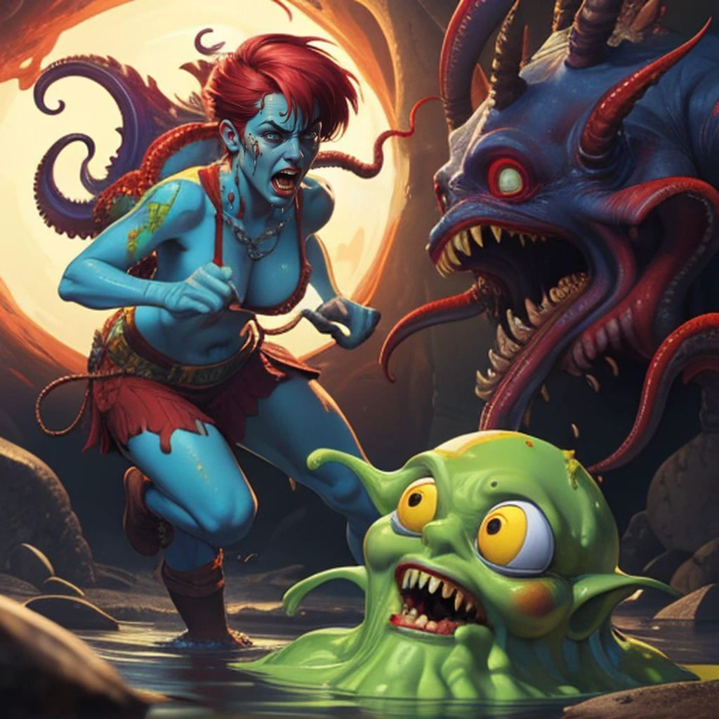 extremely detailed and realistic (brightly colored digital comic art with stroked outlines), 
Roxie Reeves battling an evil ghost, cthulhu mythos, slime,