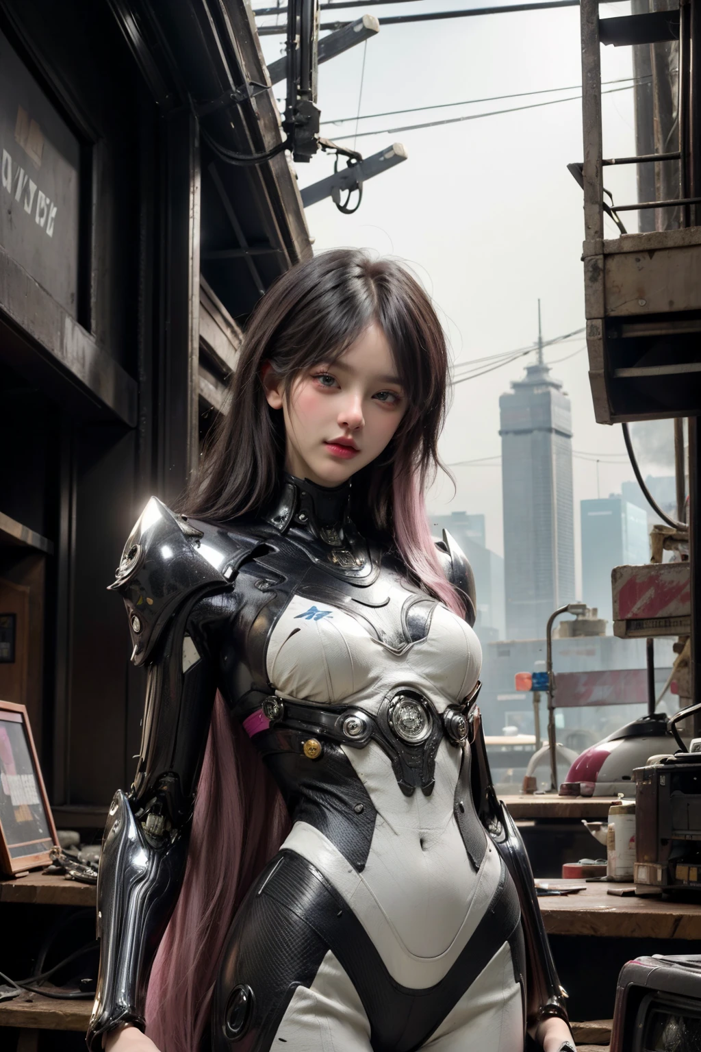 realistic,<lora:nijiMecha:0.8>,complex 3d render ultra detailed,150 mm,beautiful studio soft light,rim light,vibrant details,luxurious cyberpunk,Complex background,octane render,8k,best quality,illustration,an extremely delicate and beautiful,extremely detailed,CG,unity,wallpaper,(realistic, photo-realistic:1.37),Amazing,finely detail,best quality,official art,extremely detailed CG unity 8k wallpaper,dynamic angle,dynamic pose,cowboy shot,from below,1girl,detailed face,detailed eyes,looking at viewer,cold attitude,((white:1.3 | pink:1.4 hair)),(very long hair:1.3),armor,bodysuit,mechanical arms,Cyberpunk dystopia,City streets,(In the ruins of a cyberpunk city after a thermonuclear war, broken neon signs hanging from buildings, neon signs),Neon lights,fluorescent lights,smoke,Syd Mead,Cyberpunk,lots of exposed broken cables,Neon black and white,Unreal Engine,<lora:hipoly3DModelLora_v20:0.7>,<lora:more_details:0.8>,