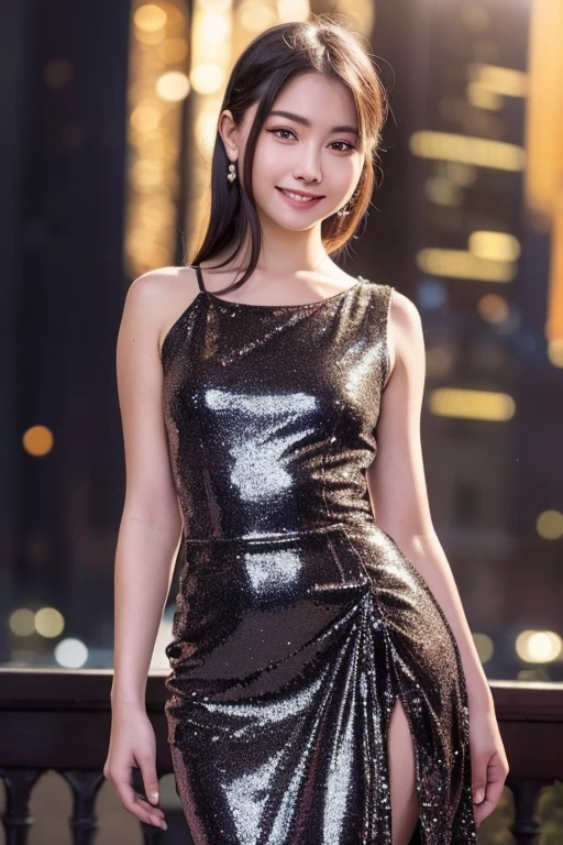 ((highest quality, 8K, masterpiece: 1.3)), 1 girl, smile, whole body, Beautiful woman, (dark brown hair), full length dress :1.1, super detailed face, fine eyes, double eyelid,big breasts, blurred background, city, outside, street,