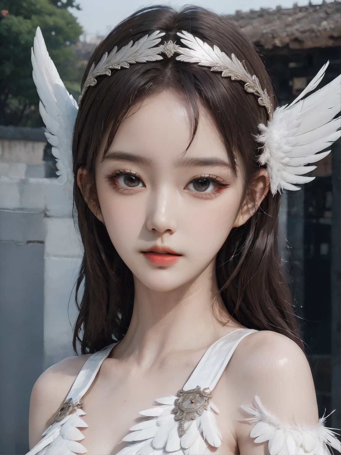 there is a woman with a white feathered dress and a white feathered headband, inspired by Wang Yuanqi, beautiful cyborg angel girl, hollywood promotional image, center parted bangs, polaroid color photo, winged eyelashes, ayami, front page, angels, 16mm film live soft color