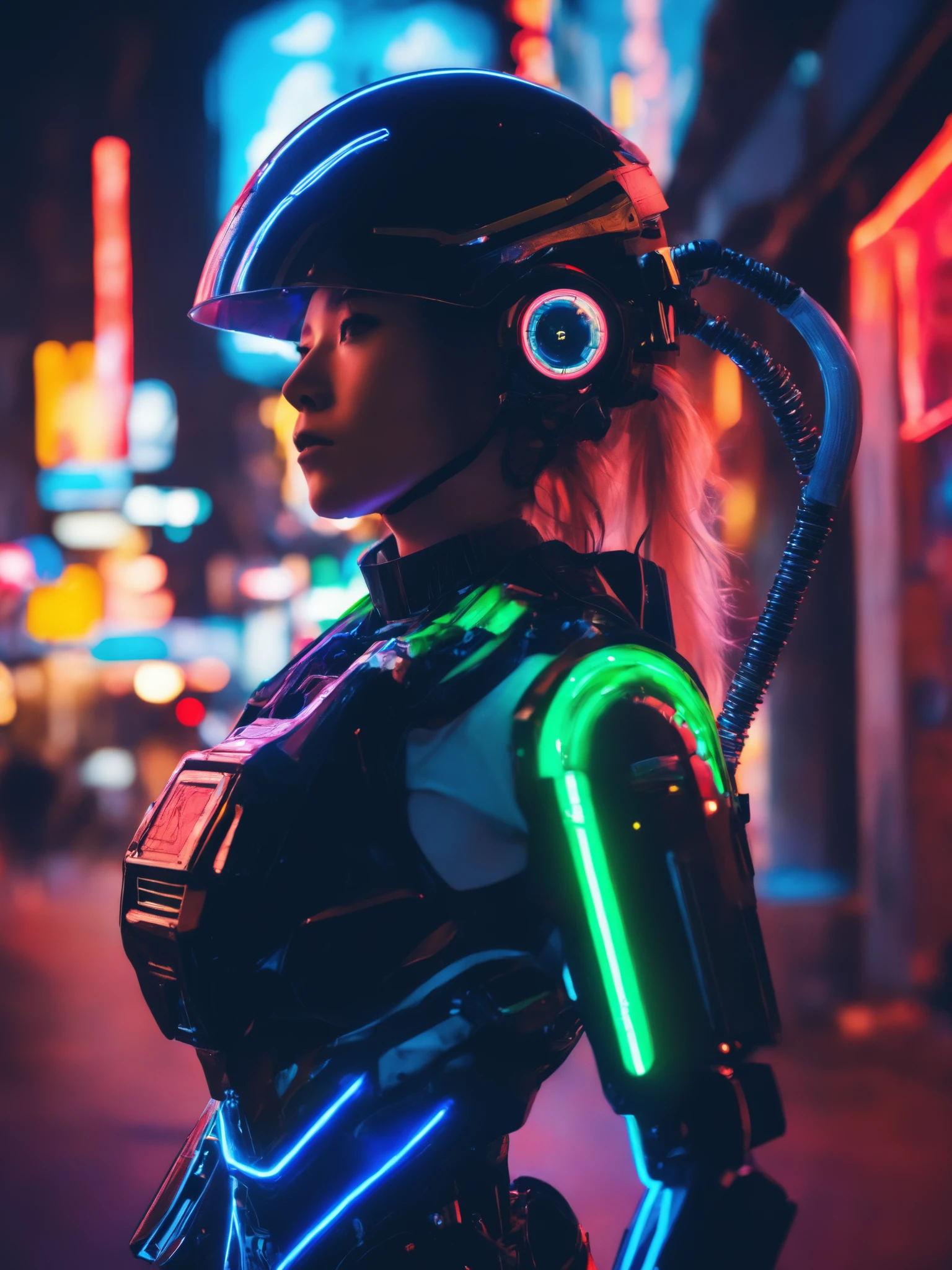 (best quality, masterpiece), 1girl, robotic, mechanical arms, neon lights, helmet, visor down,scenery,