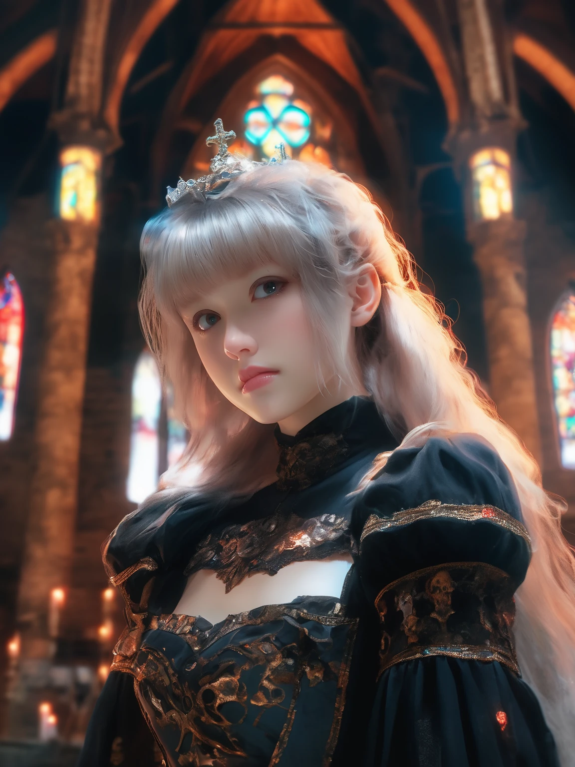 (80s anime style), cinematic lighting, best quality,single_human_girl,upper_body,extremely_detailed_eyes_and_face,church,annoyed,ink,illustration,depth of field,frown,expression,red_eyes,white_hair,extremely detailed,watercolor,anime face,skull_on_dress,yokozuwari,detailed_skeleton_church,beautiful_detailed_black_gothic_Empire_Waist_Dress,dramatic_angle,medium_breast,8k_wallpaper,bright_eyes, looking_at_viewers,close_to_viewers,masterpiece,messy_long_hair,1girl,lens_flare,light_leaks