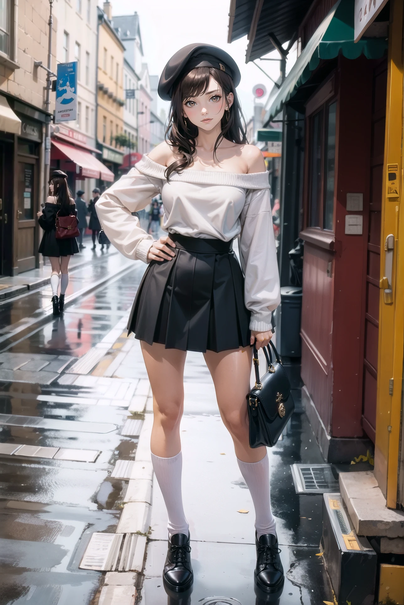 (masterpiece, top quality, best quality), (splash art), european girl, japanese street, hands on hips, bag, street, bangs, bare shoulders, beret, black footwear, black headwear, brown eyes, brown hair, closed mouth, handbag, hat, holding, long hair, long sleeves, looking at viewer, off shoulder, shoes, skirt, sleeves past wrists, socks, solo, sweater, white legwear,
