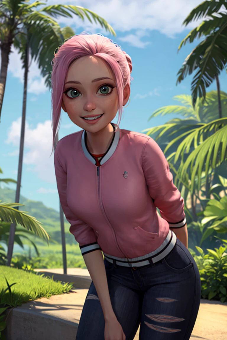 ((masterpiece,best quality)), absurdres,
<lora:Brooklynn_Jurassic_Park:0.7>, Brooklynn_Jurassic_Park,
solo, smiling, looking at viewer, cowboy shot,
tropical background, cinematic composition, dynamic pose,