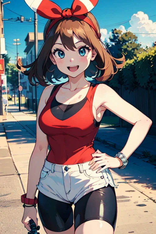 (masterpiece:1.2), (best quality), (ultra detailed), (8k, 4k, intricate),(full-body-shot:1), (highly detailed:1.2),(detailed face:1.2), (detailed background),detailed landscape, ((portrait)), (dynamic pose:1.2) <lora:may:0.7>may, 1girl, (solo), breasts, looking at viewer, smile, open mouth, blue eyes, brown hair, shirt, ribbon, jewelry, medium breasts, collarbone, hair ribbon, cowboy shot, hairband, shorts, sleeveless, bracelet, red ribbon, hand on hip, short shorts, sleeveless shirt, bike shorts, index finger raised, poke ball, white shorts, red hairband, poke ball (basic), bow hairband, fanny pack, bike shorts under shorts