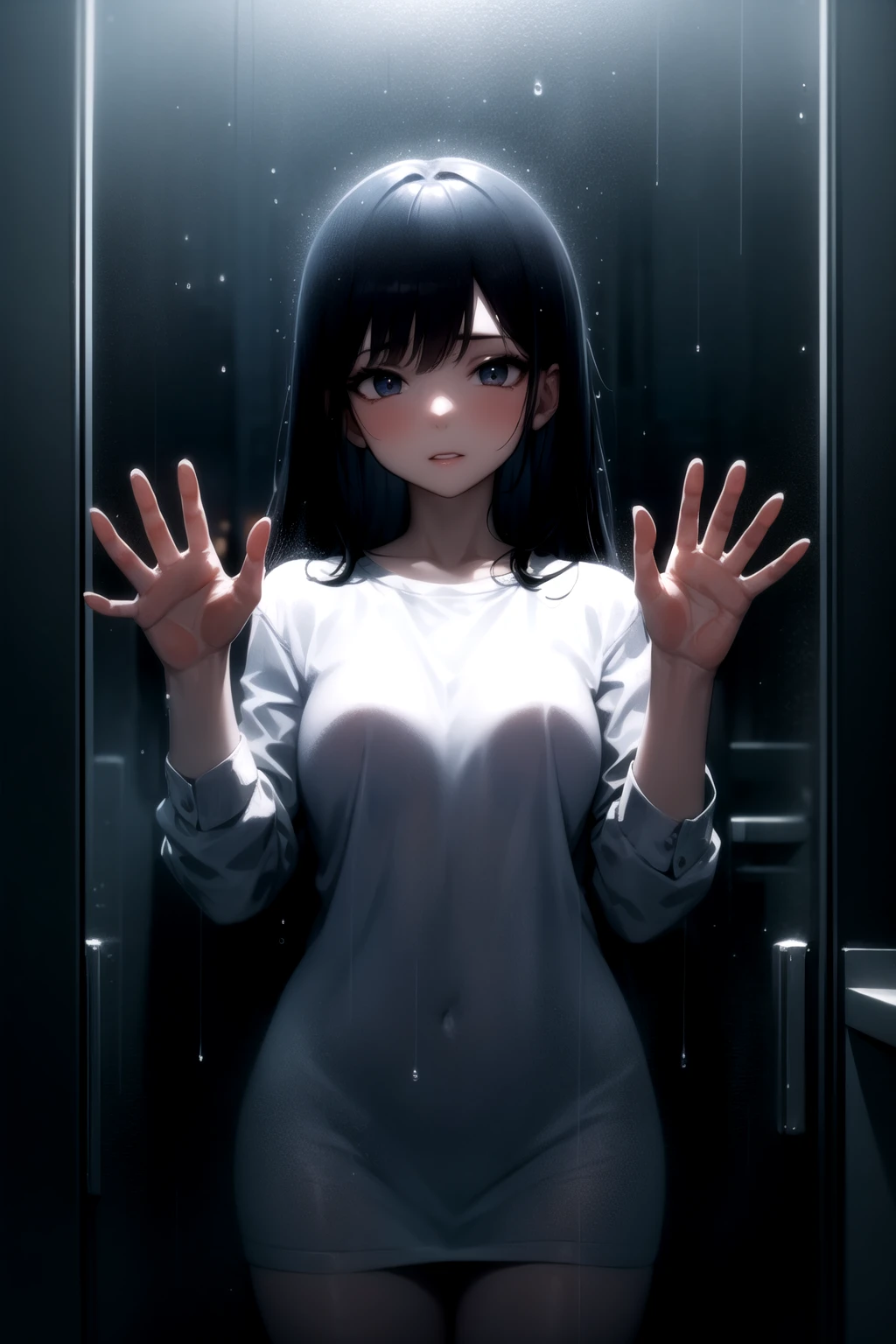 <lora:against_glass_v0.2:1>
1girl, hands on glass, window fog, water drop, rain,, masterpiece, best quality, highly detailed