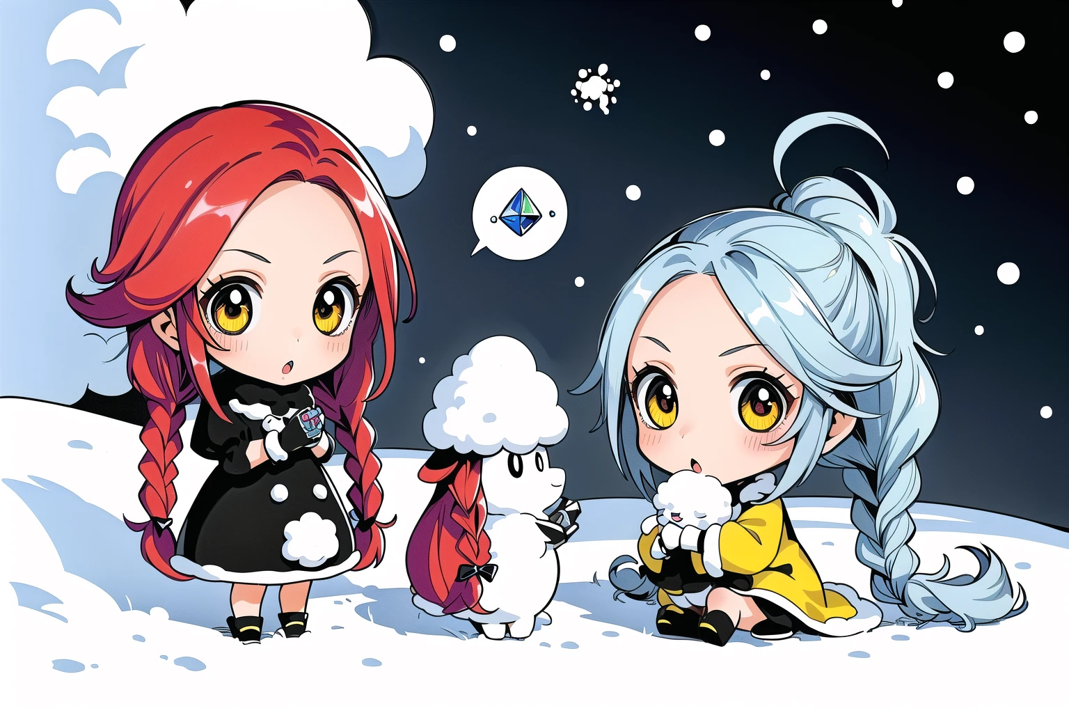 (Masterpiece, Best Quality:1.3), highres, 8k, highly detailed, (4koma:1.5), comic, illustration, chibi inset, fantasy, thick lineart, full angle view, (papercraft:1.4), (chibi:1.3), outline, ((centered)), <lora:Sugar_Rune-20:0.75>, sugar_rune, cloud hair, cloud dress, blue hair, fluffy, pearl (gemstone), polka dot, bubble, snow, 2girls, gloves, afro, looking at viewer, hair ornament, yellow eyes, winter clothes, fluffy, emphasis lines), :o, !, (striped), gradient, film grain, silhouette, checkered, speech bubble, graphite \(medium\), red eyes, (low twinbraids:1.4), half updo, ((hyperrealistic)), fantastic composition, expressive