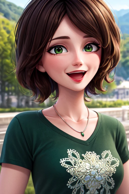 (masterpiece:1.2), (best quality), (ultra detailed), (8k, 4k, intricate),(full-body-shot:1), (highly detailed:1.2),(detailed face:1.2), (detailed background),detailed landscape, ((portrait)), (dynamic pose:1.2) <lora:more_details:0.5> <lora:cass:0.7>auntcass, 1girl, solo, smile, short hair, open mouth, brown hair, shirt, jewelry, green eyes, upper body, necklace, blurry, black shirt