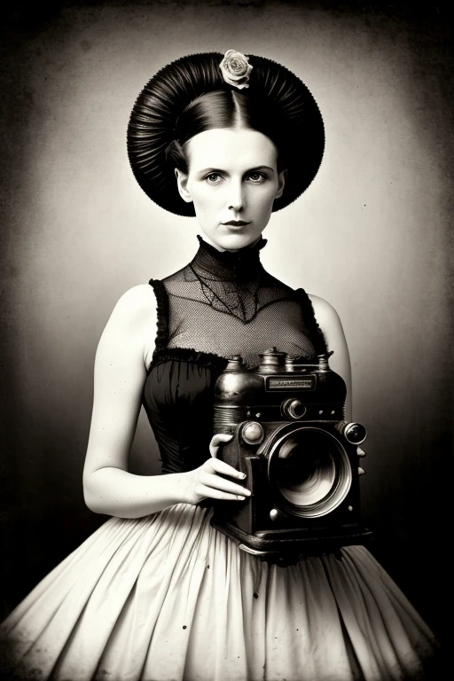 barnum-silver 1 woman victorian lady photomodel presenting retrofuturistic design concept vintage scifi (1 photo camera), rusty, cobwebs, spider, dirt, product photo, vinage old camera|phonograph retrofuturism,