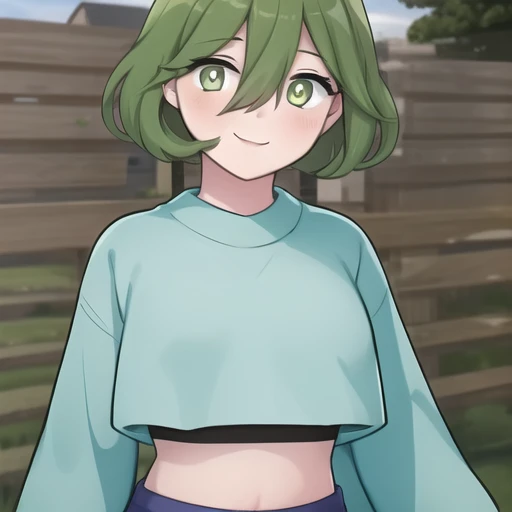 (masterpiece, best quality:1.2),illustration,8k,hd,1girl,solo,facing viewer,smile,upper body,short_hair,bangs,blue_shirt,white_pupils,long_sleeves,hair_between_eyes,green_eyes,ahoge,green_hair,shoes,shorts,socks,midriff,crop_top,white_footwear,bandaid,blue_shorts,bandaid_on_leg,bandaid_on_knee,<lora:Zombie-Bubble V1>,