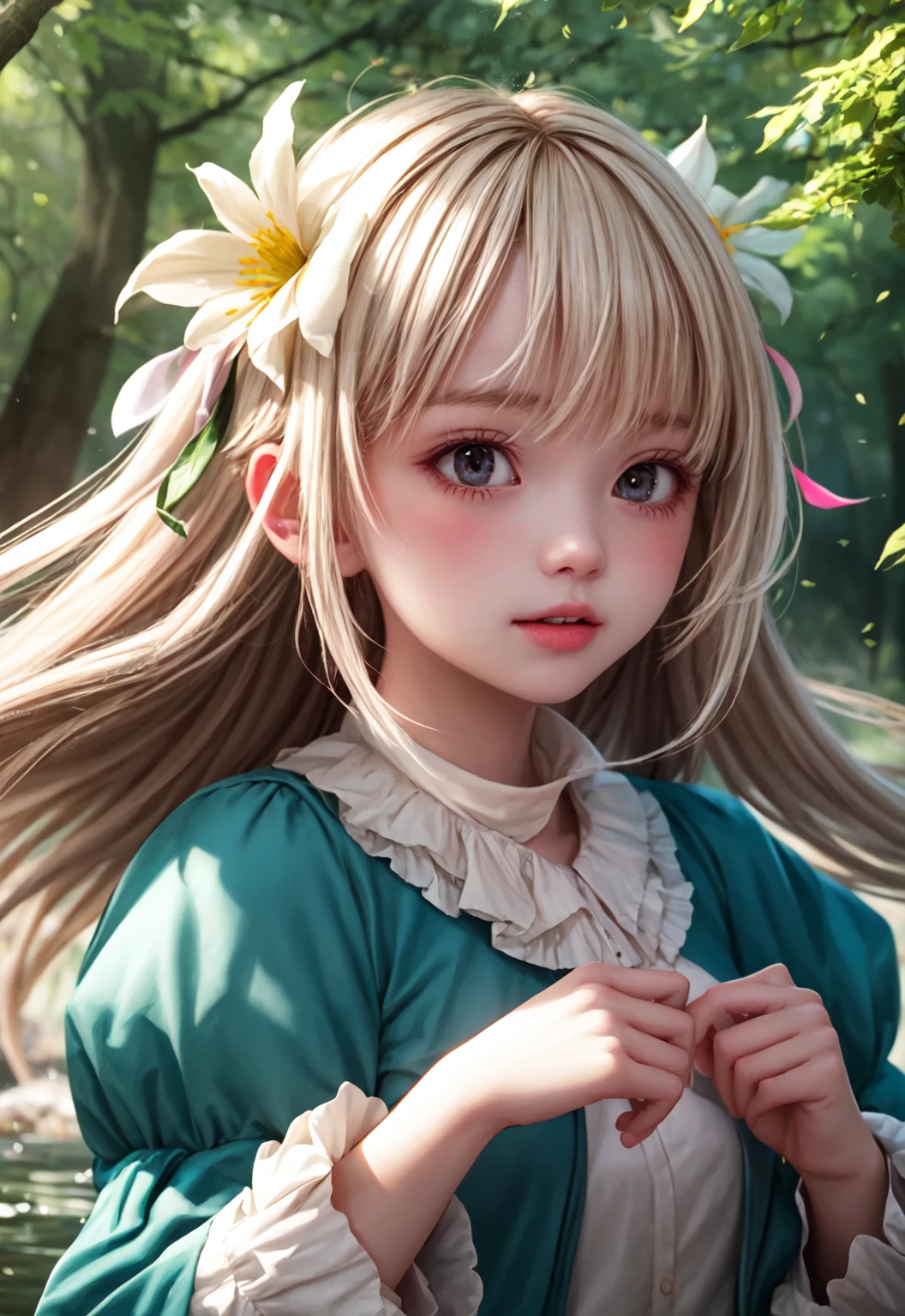 Linda garotinha de 2 anos, feliz e sorridente, com cabelos longos ruivos com lindas mechas douradas e levemente ondulados, de pele branca com um leve tom rosado, com olhos castanhos esverdeados, retrato detalhado,, passeando na floresta, segurando uma linda cesta de rosas, em um campo de muitas flores sortidas e arvores variadas ao redor, uma cascata de aguas cristalinas, and a shower of rose petals, com muitas borboletas e beija-flores voando, omplexidade intrincada, rule of thirds, Sunset, Tinta escura, luminescente, Artistic Station, arte conceitual, Arte Nova, Ilustrativos, Smooth and sharp focus Highly detailed, maximalista e realista.
