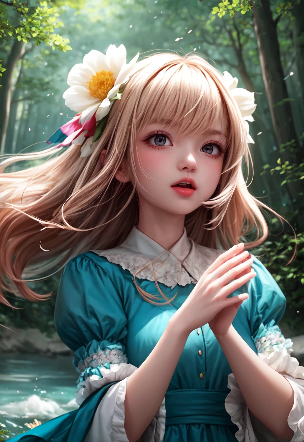 girl in a forest with floating flowers, river, puffy, puffy cheeks, cute,
vibrant colors, colorful art style, 
soft lighting, soft shadows, detailed textures, dynamic lighting,  
nice hands, perfect hands, 
<lyco:GoodHands-beta2:1.0> 
<lora:add_detail:1>