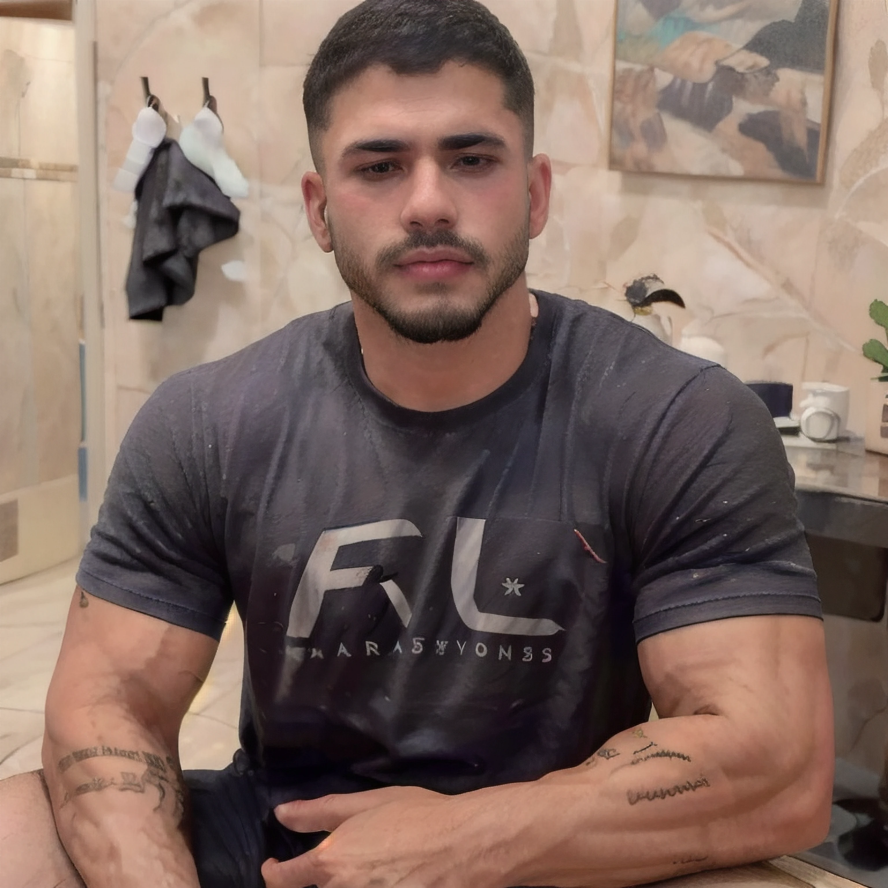 1boy, realistic,  <lora:Leonardo Baldon:0.9>, flex, t-shirt, tattoo on arms