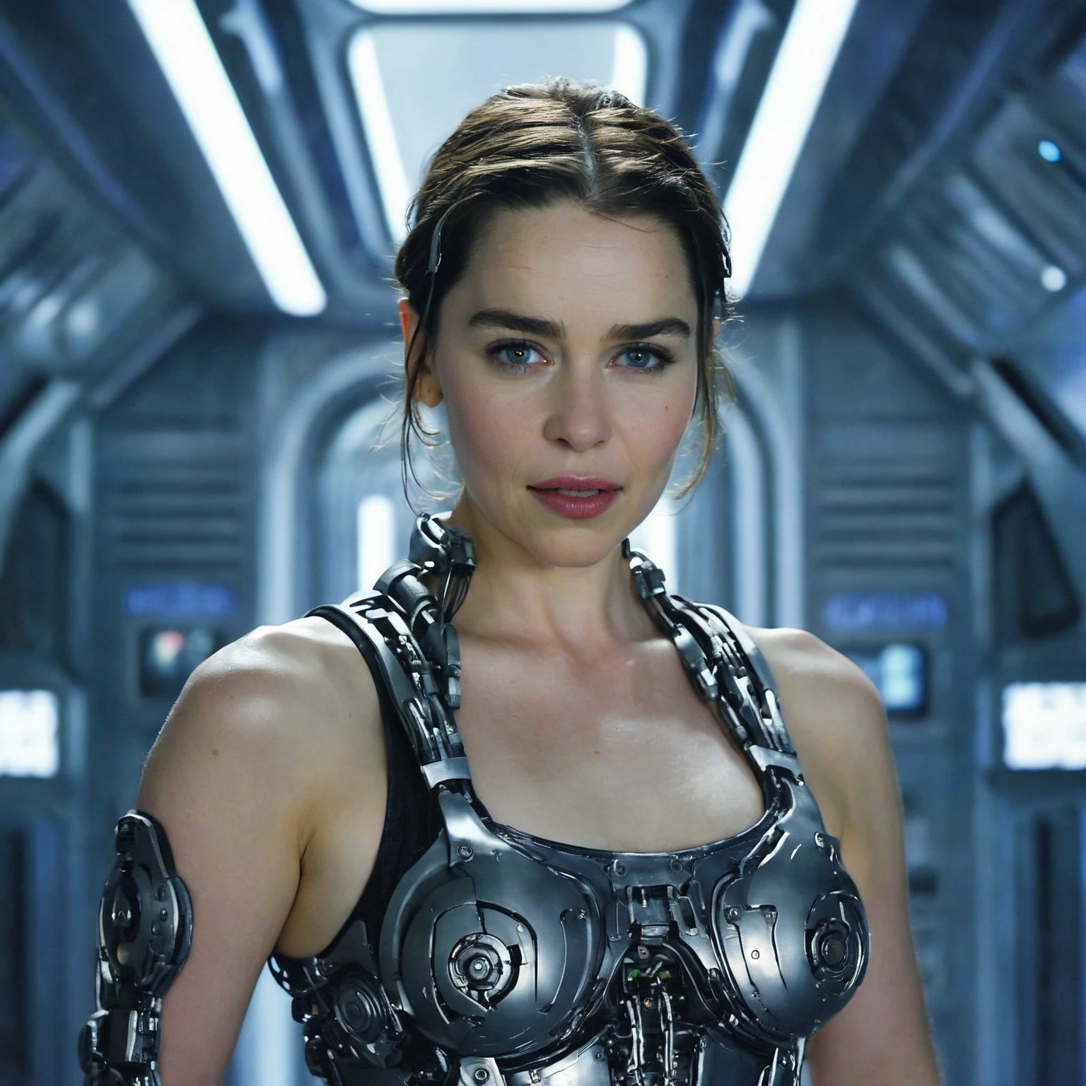 (ohwx woman) <lora:emilia_lora_sdxl_v1-000008:1> cyborg, surrounded by cables , illustrated by Greg Rutkowski and H.R. Giger, 35mm lens, beautiful macro close-up imagery, vibrantly lush neon lighting, beautiful volumetric-lighting-style atmosphere, a futuristic atmosphere, intricate, ultra detailed, photorealistic imagery, trending on artstation, 4k, 8k